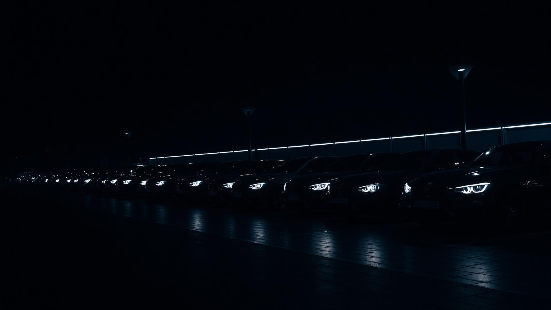 Row of pre-owned cars in the Ken Motors showroom at night